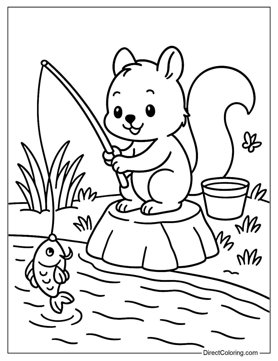 Squirrel coloring page standing on a rock, pulling fish up with a small fishing rod.